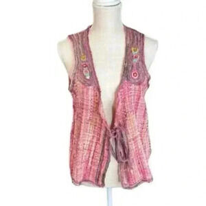 J. Peterman vintage pink silk wool woven vest floral tie closure